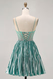 Cetim Metálico Verde Uma Linha Esparguete Correias Sequins Vestido Curto Homecoming