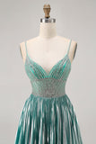 Cetim Metálico Verde Uma Linha Esparguete Correias Sequins Vestido Curto Homecoming
