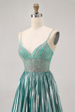 Cetim Metálico Verde Uma Linha Esparguete Correias Sequins Vestido Curto Homecoming