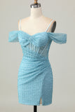 Blue Bodycon Cold Shoulder Corset Vestido Curto Homecoming com Fenda