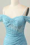 Blue Bodycon Cold Shoulder Corset Vestido Curto Homecoming com Fenda