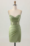 Sage Green Corset Tight Short Satin Homecoming Vestido com Fenda