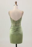 Sage Green Corset Tight Short Satin Homecoming Vestido com Fenda