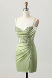 Sage Green Corset Tight Short Satin Homecoming Vestido com Fenda