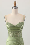 Sage Green Corset Tight Short Satin Homecoming Vestido com Fenda