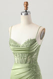 Sage Green Corset Tight Short Satin Homecoming Vestido com Fenda