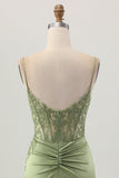 Sage Green Corset Tight Short Satin Homecoming Vestido com Fenda