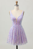 Sequins Uma Linha Lilás V-Neck Vestido Curto Homecoming