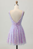 Sequins Uma Linha Lilás V-Neck Vestido Curto Homecoming