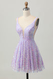 Sequins Uma Linha Lilás V-Neck Vestido Curto Homecoming