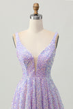 Sequins Uma Linha Lilás V-Neck Vestido Curto Homecoming