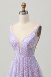 Sequins Uma Linha Lilás V-Neck Vestido Curto Homecoming