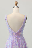 Sequins Uma Linha Lilás V-Neck Vestido Curto Homecoming