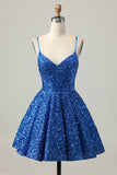 Sequins Azul Escuro Uma Linha Short Corset Homecoming Dress