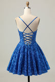 Sequins Azul Escuro Uma Linha Short Corset Homecoming Dress