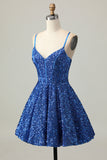 Sequins Azul Escuro Uma Linha Short Corset Homecoming Dress