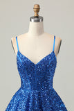 Sequins Azul Escuro Uma Linha Short Corset Homecoming Dress