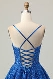 Sequins Azul Escuro Uma Linha Short Corset Homecoming Dress