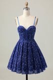 Azul Escuro Brilhante Uma Linha Corset Sequins Homecoming Dress