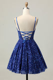 Azul Escuro Brilhante Uma Linha Corset Sequins Homecoming Dress
