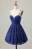 Azul Escuro Brilhante Uma Linha Corset Sequins Homecoming Dress
