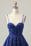 Azul Escuro Brilhante Uma Linha Corset Sequins Homecoming Dress
