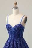 Azul Escuro Brilhante Uma Linha Corset Sequins Homecoming Dress