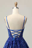 Azul Escuro Brilhante Uma Linha Corset Sequins Homecoming Dress