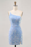 Sparkly Blue One Shoulder Vestido Curto Homecoming com Fenda
