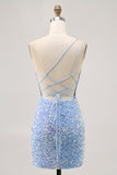 Sparkly Blue One Shoulder Vestido Curto Homecoming com Fenda