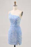 Sparkly Blue One Shoulder Vestido Curto Homecoming com Fenda
