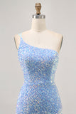Sparkly Blue One Shoulder Vestido Curto Homecoming com Fenda
