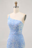 Sparkly Blue One Shoulder Vestido Curto Homecoming com Fenda