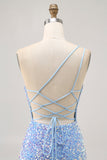 Sparkly Blue One Shoulder Vestido Curto Homecoming com Fenda