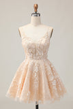 Damasco Uma Linha Esparguete Correias Vestido Curto Homecoming Floral com Apliques