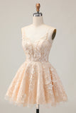 Damasco Uma Linha Esparguete Correias Vestido Curto Homecoming Floral com Apliques