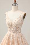 Damasco Uma Linha Esparguete Correias Vestido Curto Homecoming Floral com Apliques