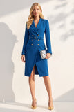 Ink Blue Notched Lapela Vestido Blazer de peito duplo com cinto