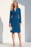 Azul escuro único peito pico lapela Blazer vestido com cinto