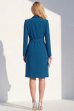 Azul escuro único peito pico lapela Blazer vestido com cinto
