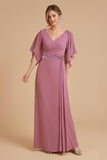 Dusty Rose Uma Linha Flutter Manga Chiffon Vestido de Noiva com Apliques