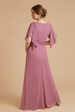 Dusty Rose Uma Linha Flutter Manga Chiffon Vestido de Noiva com Apliques