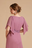 Dusty Rose Uma Linha Flutter Manga Chiffon Vestido de Noiva com Apliques