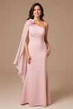 Candy Pink Um Ombro Chiffon Vestido de Noiva com Streamer