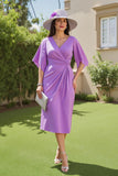 Roxo Ruched V Neck Midi Vestido de Noiva com mangas Flutter