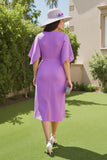 Roxo Ruched V Neck Midi Vestido de Noiva com mangas Flutter