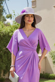 Roxo Ruched V Neck Midi Vestido de Noiva com mangas Flutter