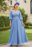 Dusty Blue A Line 3/4 Manga Chiffon Vestido de Noiva com Missangas