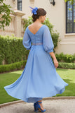 Dusty Blue A Line 3/4 Manga Chiffon Vestido de Noiva com Missangas