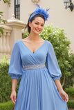 Dusty Blue A Line 3/4 Manga Chiffon Vestido de Noiva com Missangas